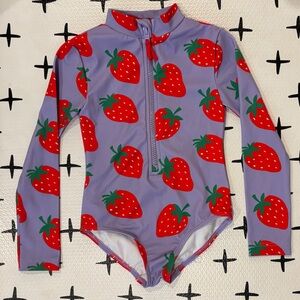Mini Boden Purple Long-Sleeve Strawberry Swimsuit